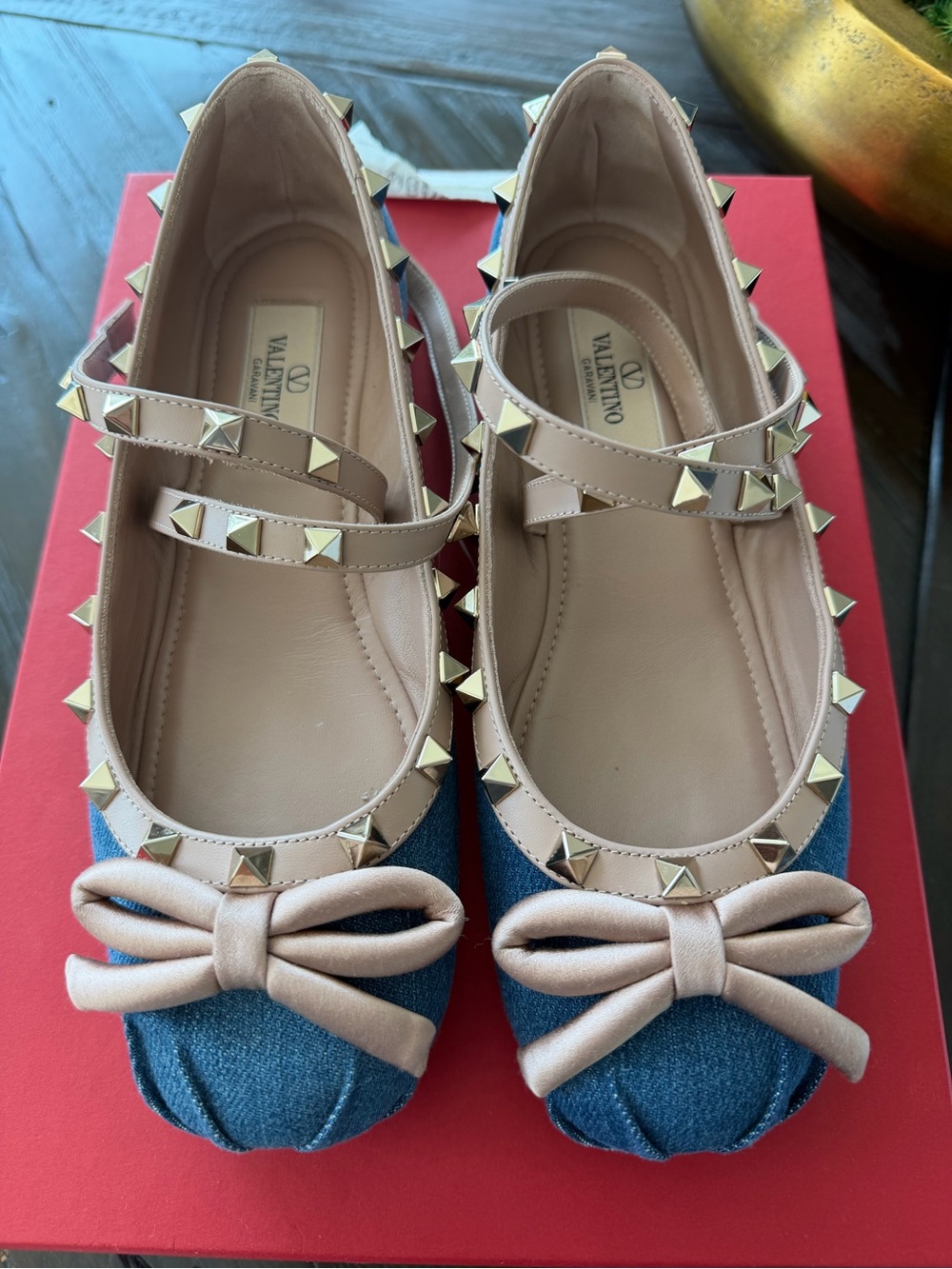 Valentino Denim Ballerina flats with Nude Bow & Gold Studs